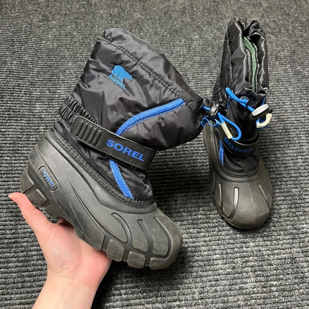 Sorel Flurry Snow Boots Kids Size 12 Black Blue Waterproof Insulated Winter warm
